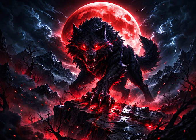 Ferocious Wolf Under Red Moon