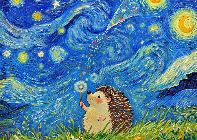 Hedgehog Blowing Dandelion Starry Night Art