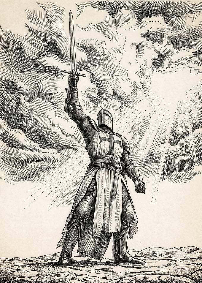 Crusader Knight Raising Sword Illustration