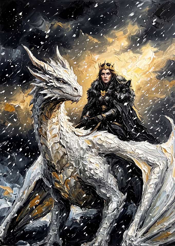 Queen Riding White Dragon in Snow