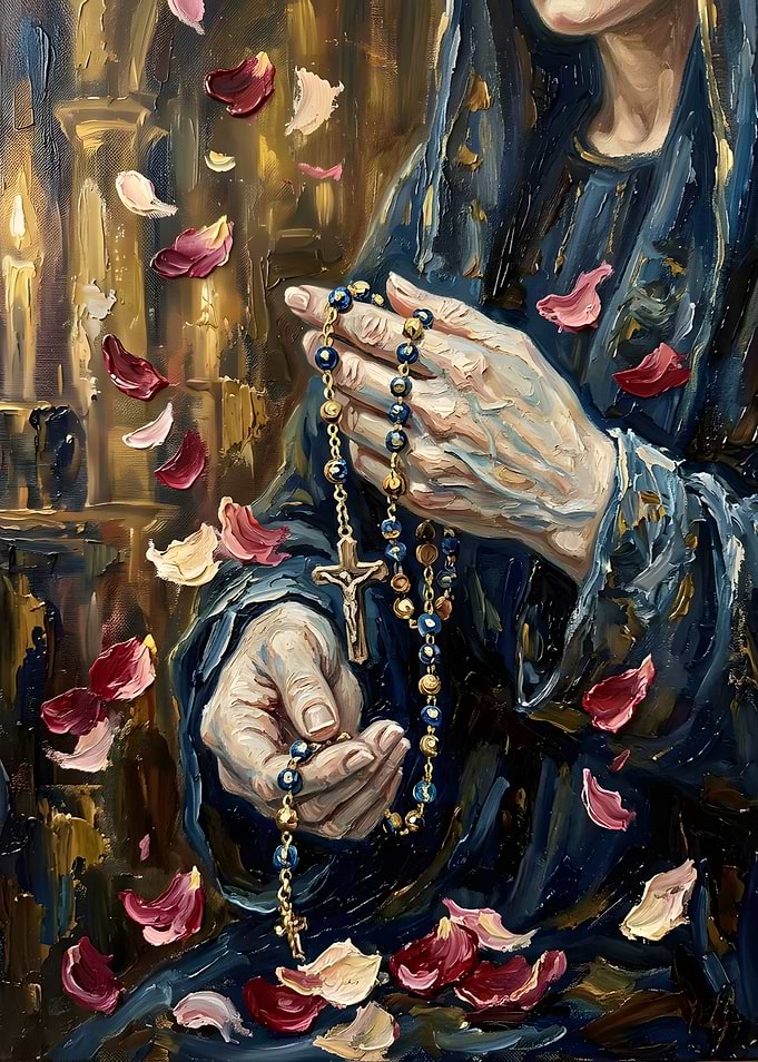 Oil Painting of Hands Holding Rosary