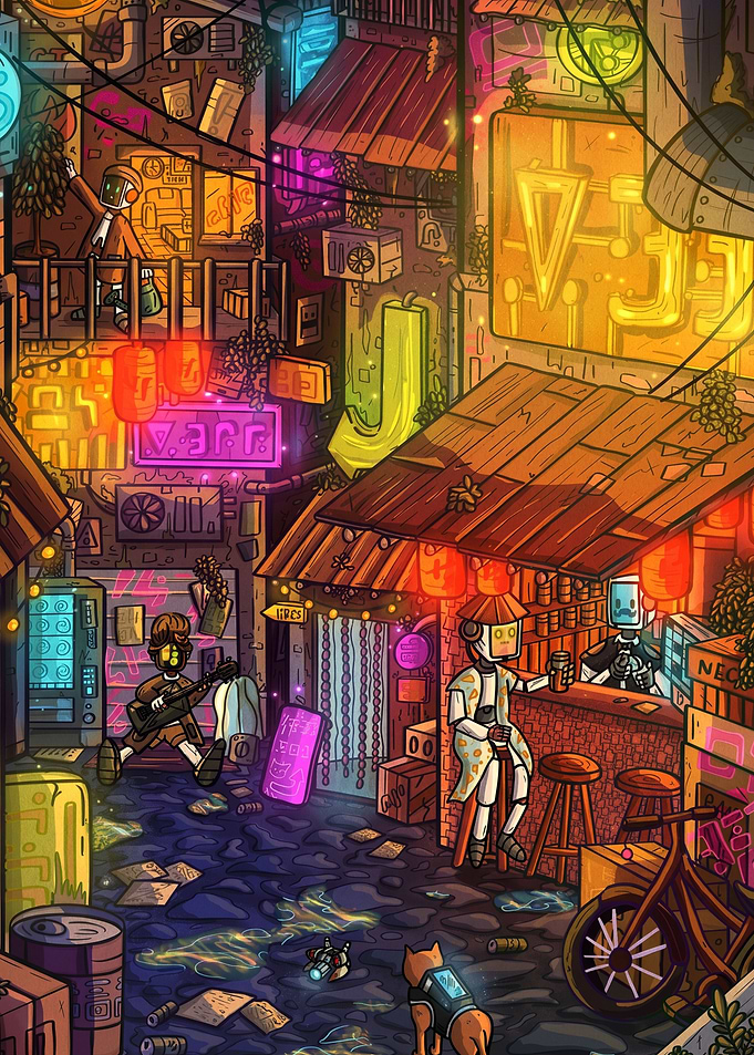 Cyberpunk Robot Street Market Scene