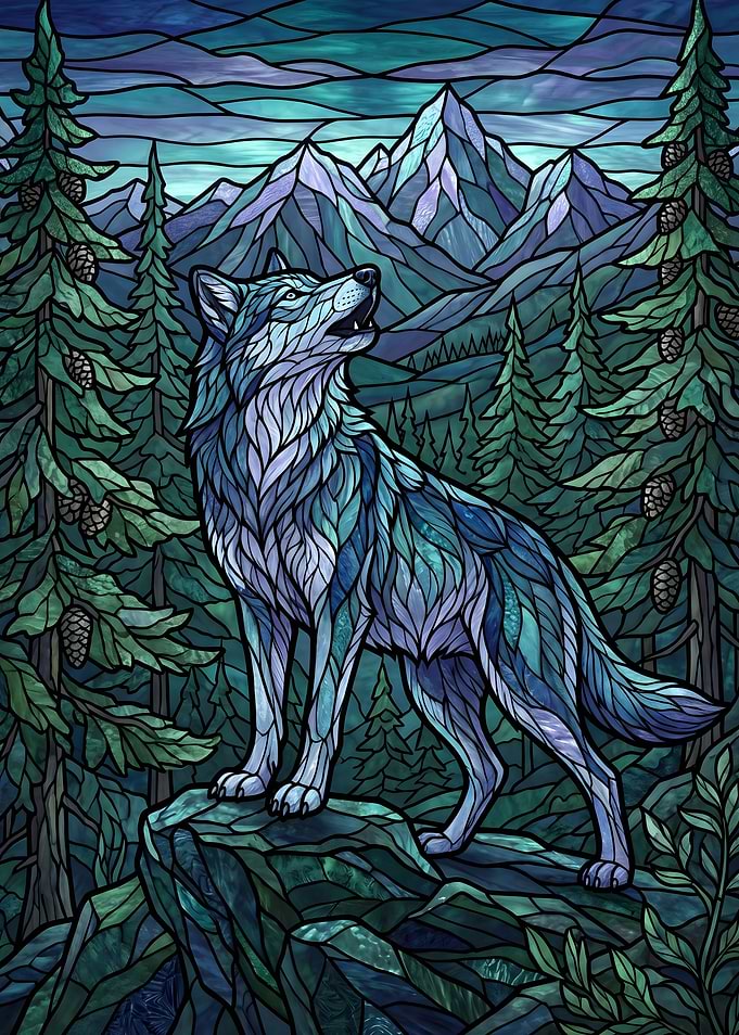 Stained Glass Wolf in Mountain Forest