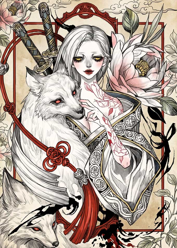 Anime Girl with White Foxes