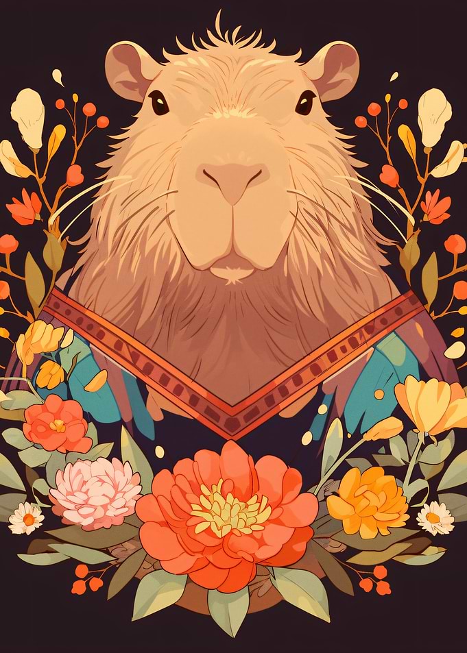 Capybara Portrait with Floral Wreath