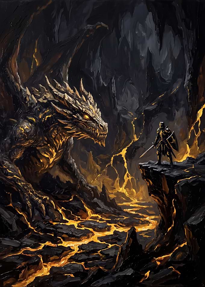 Knight Facing a Dragon in Lava