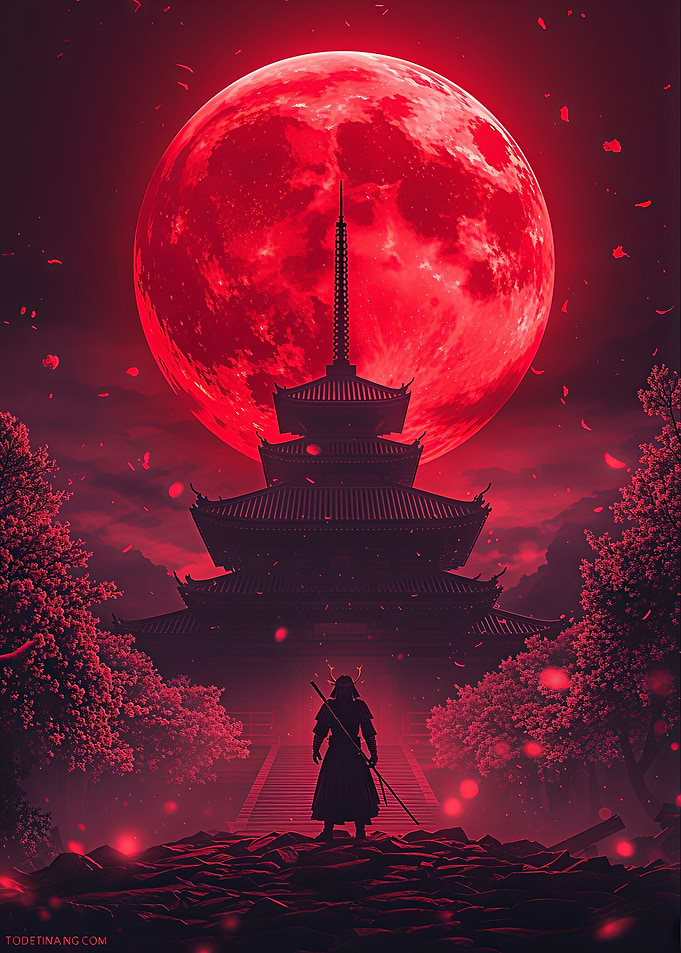 Samurai Standing Before Red Pagoda