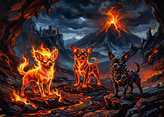 Three Elemental Chihuahua Dogs in Volcano