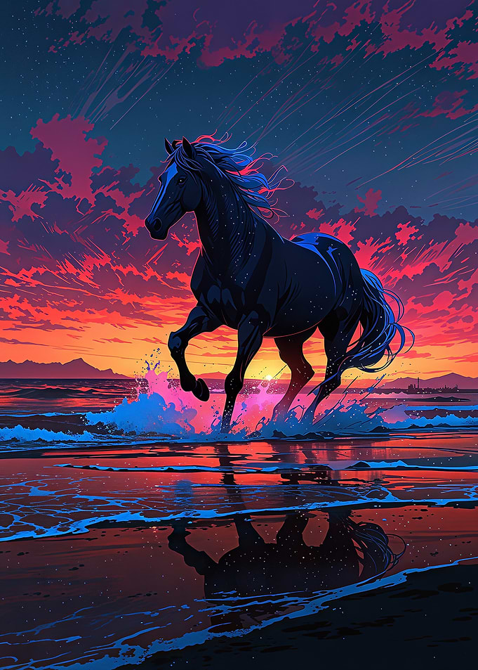 Black Horse Running on Beach Sunset