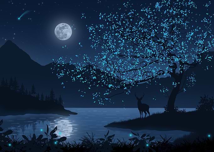 The Deer under the Blue Glowing Tree