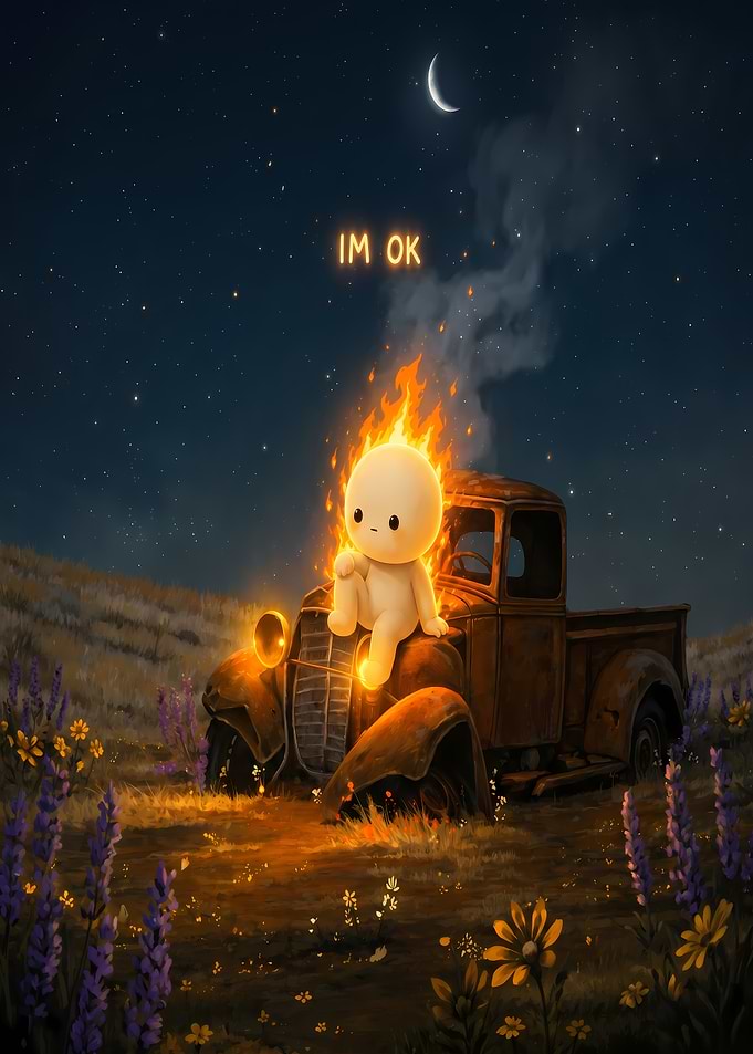 Burning Character Sitting on Rusty Truck