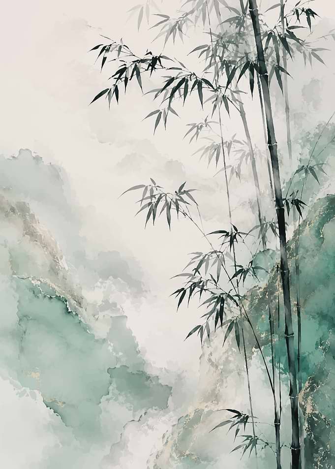 Elegant Watercolor Bamboo and Mountain Landscape