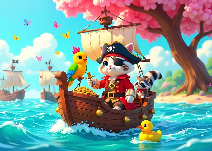 Cute Pirate Cat Sailing Adventure