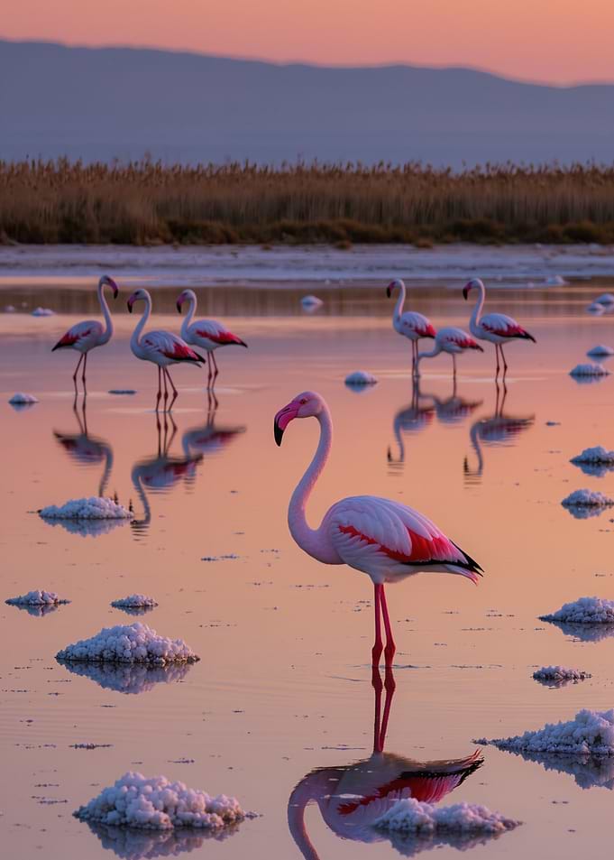 Flamingos at Sunset in Salt Lake