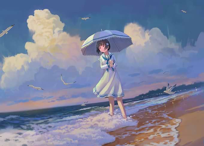 Anime Girl with Umbrella at Beach