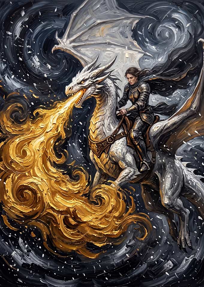 Knight Riding Fire-Breathing White Dragon