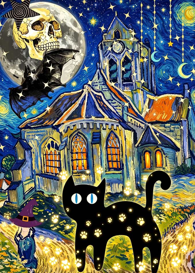 Starry Night Halloween Cat Illustration