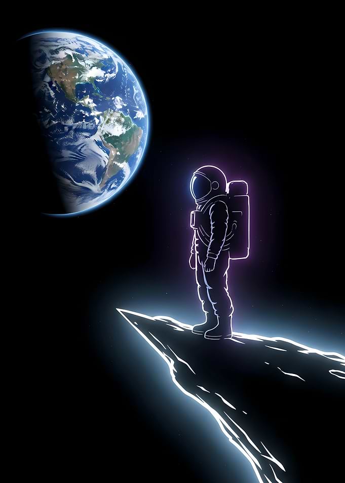 Neon Astronaut on Lunar Cliff Overlooking Earth, Futuristic Space Digital Illustration with Purple Blue Glow