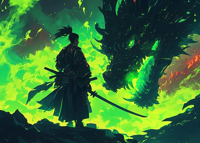 Samurai Facing a Green Dragon