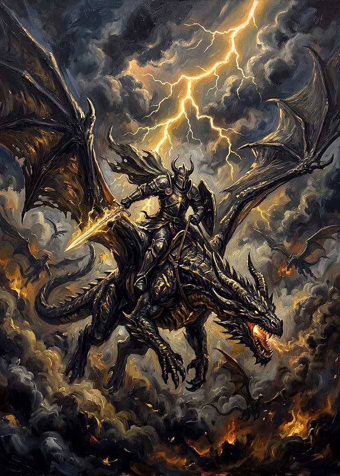 Dark Knight Riding Fire-Breathing Dragon