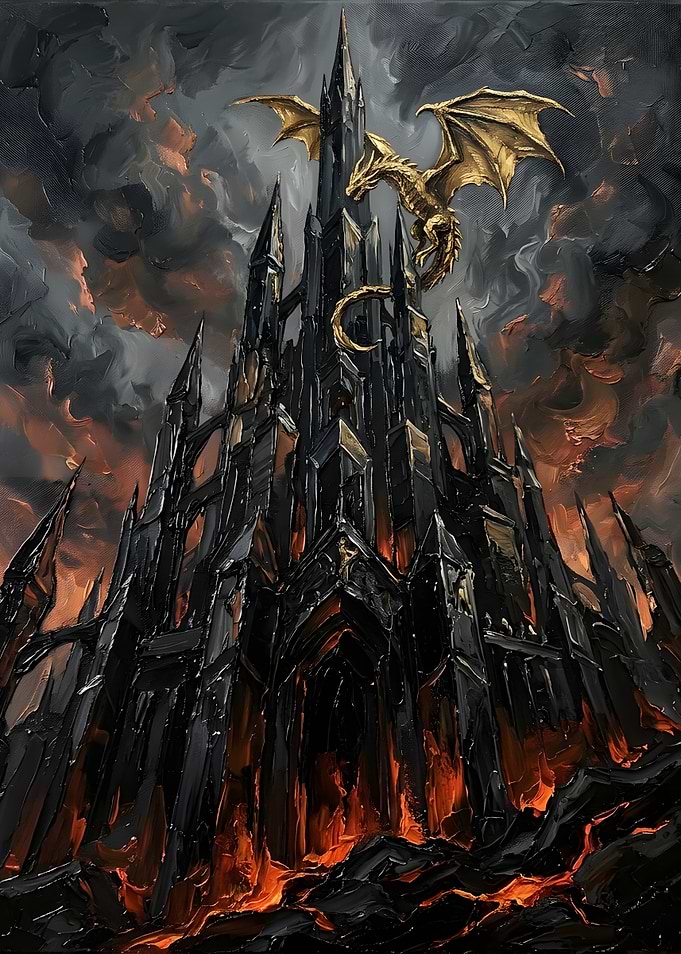 Golden Dragon Perched on Dark Castle