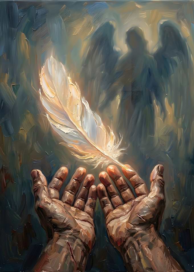 Hands Reaching for a Glowing Feather