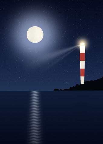 Lighthouse - Minimalist Full Moon Over a Calm Sea