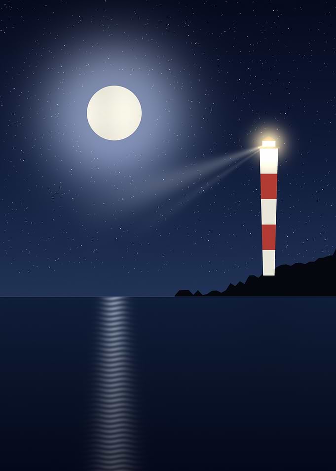 Lighthouse - Minimalist Full Moon Over a Calm Sea
