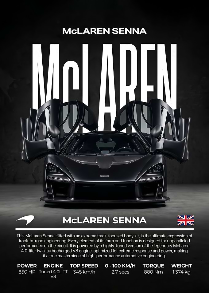 black McLaren Senna car Specification Poster
