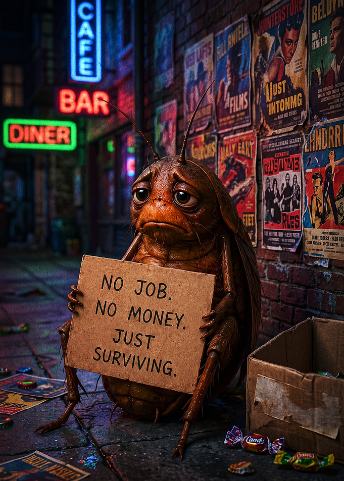 Sad Cockroach Begging on City Street