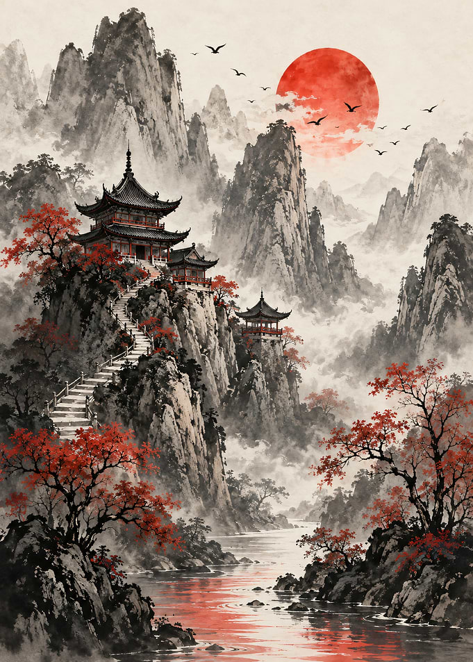 Traditional Asian Mountain Temple Landscape
