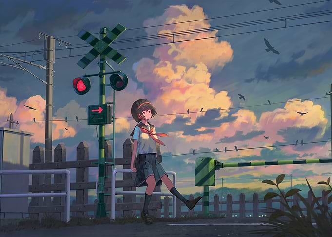 Anime Girl at Railway Crossing
