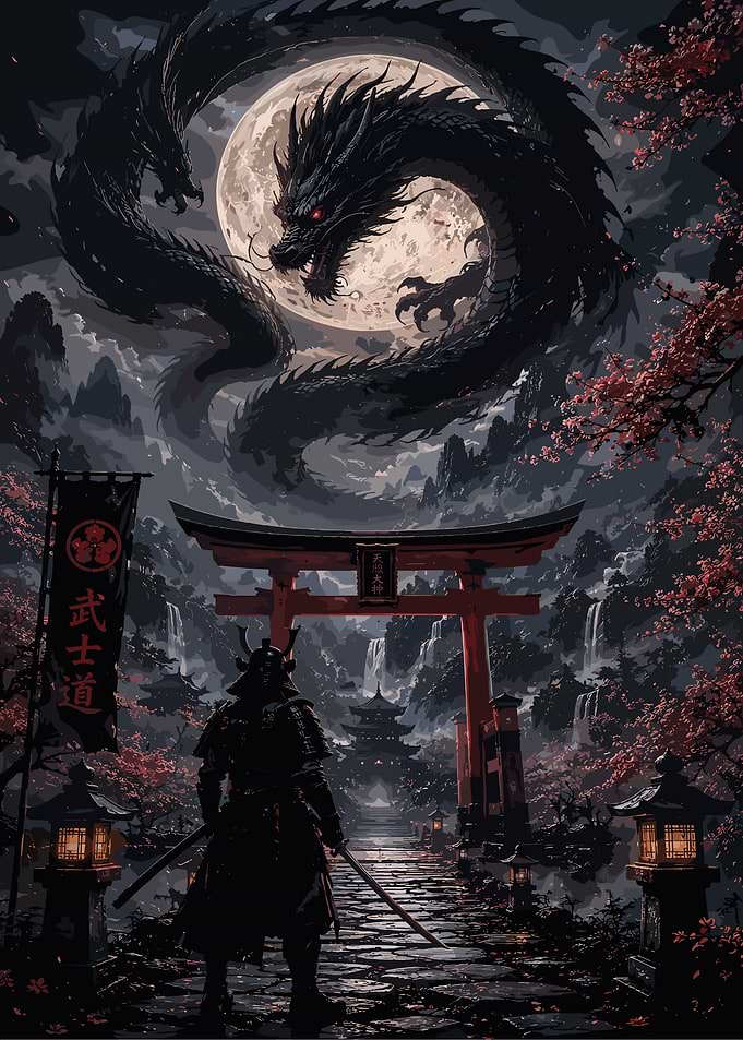 Samurai Facing a Celestial Dragon