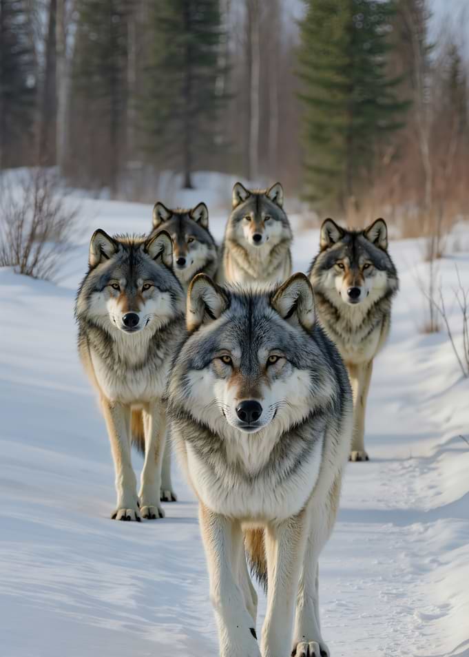 Pack of Wolves in Snowy Forest
