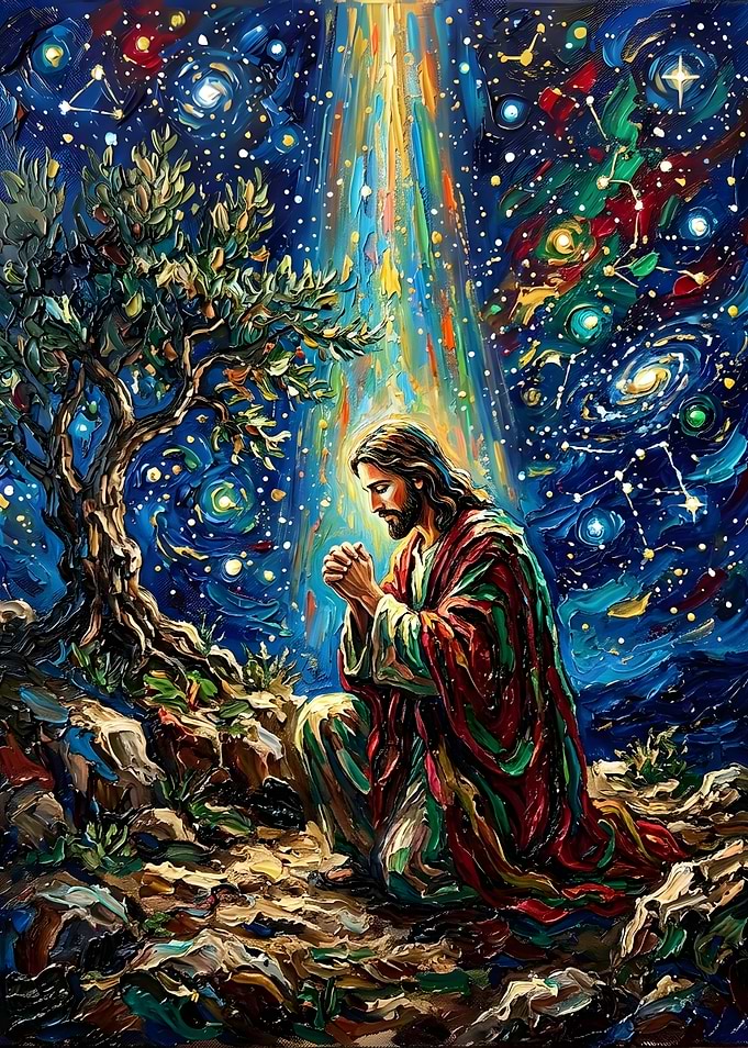 Jesus Praying Under Cosmic Sky