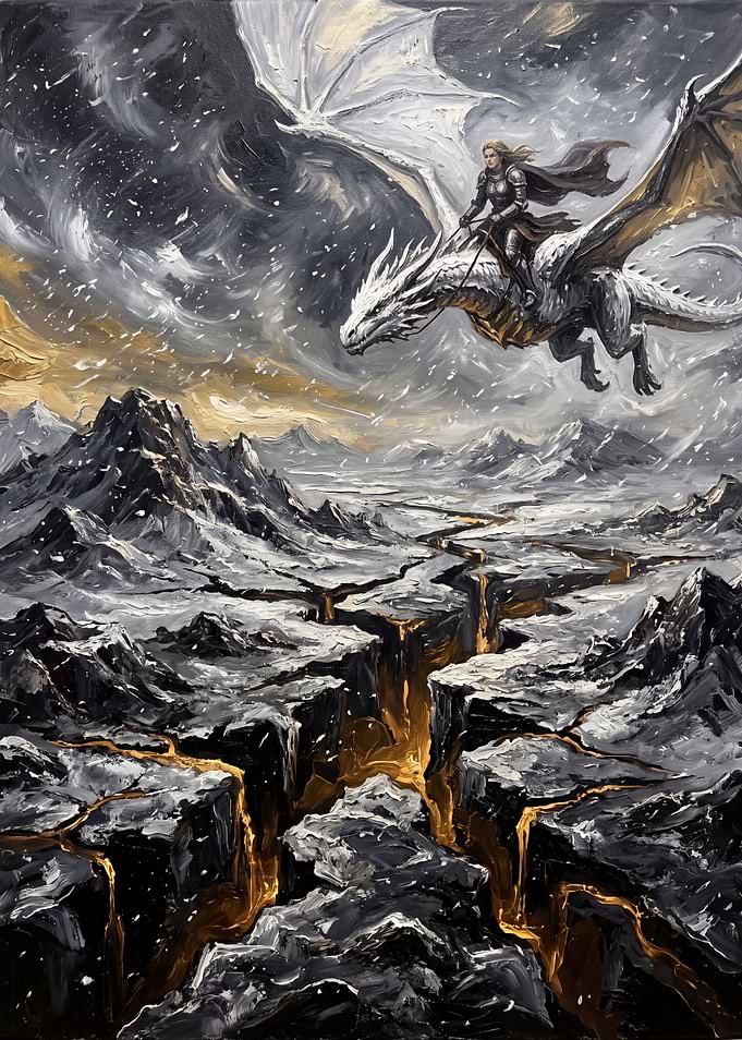 Knight Riding Dragon Over Volcanic Landscape