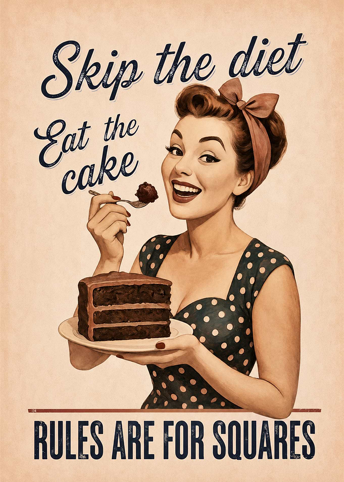 Vintage Housewife Eating Cake for Body Positivity