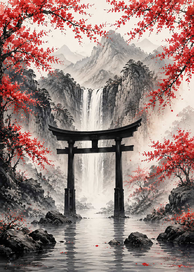 Torii Gate and Waterfall Landscape