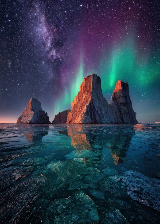 Aurora Borealis Over Arctic Icebergs