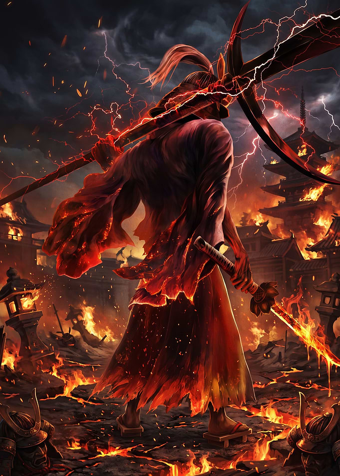 Samurai Warrior Amidst Burning Temple Ruins