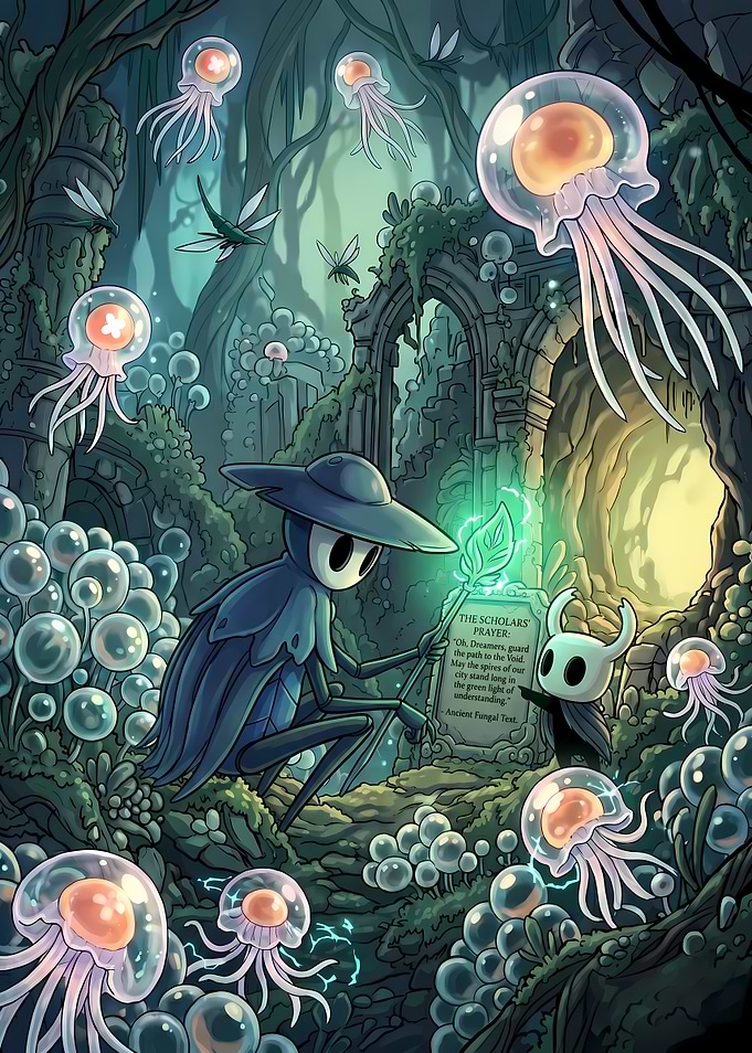 Hollow Knight Scholar's Prayer Illustration
