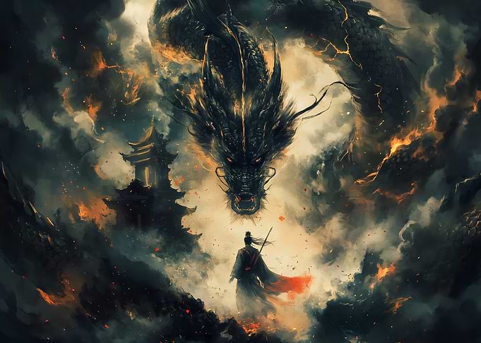 Samurai Facing a Fiery Dragon
