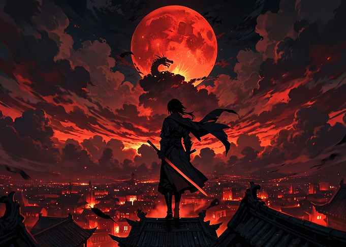 Samurai Warrior Under Blood Moon