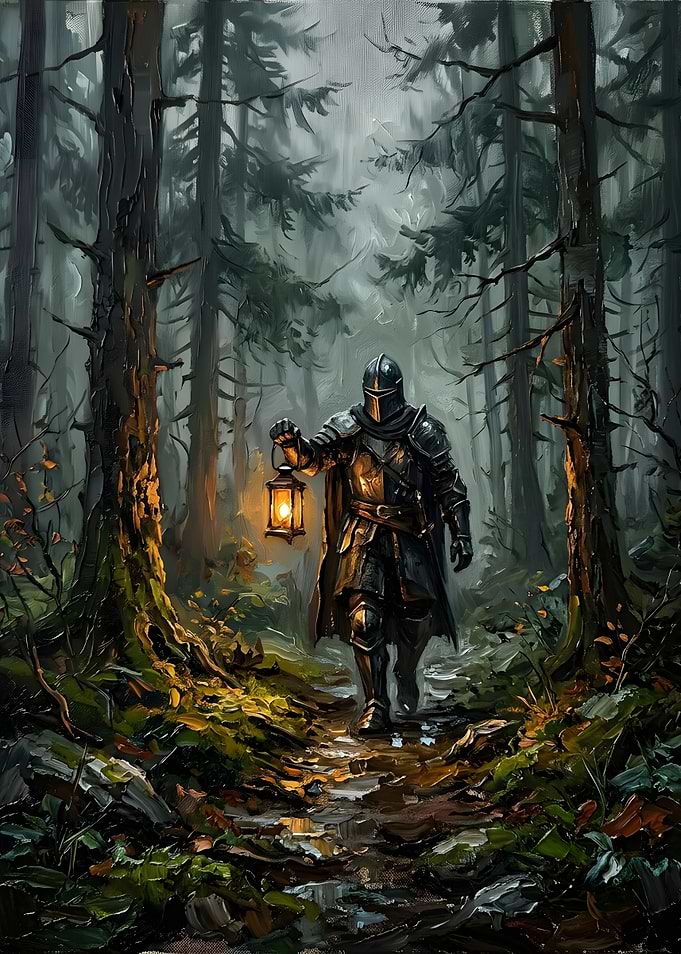Knight with Lantern in Dark Forest