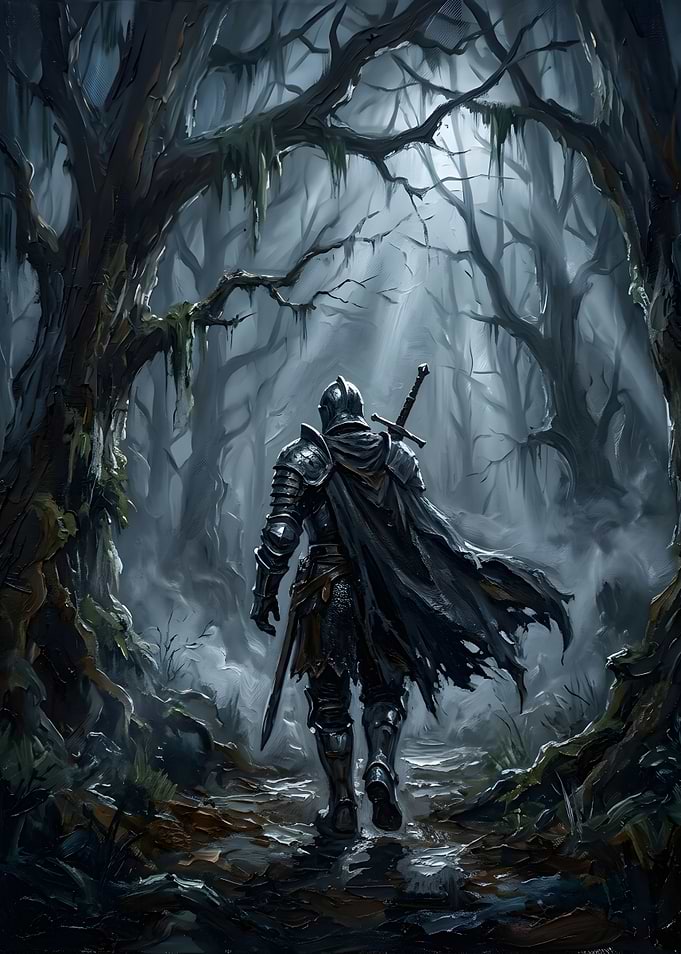 Knight Walking Through Dark Forest