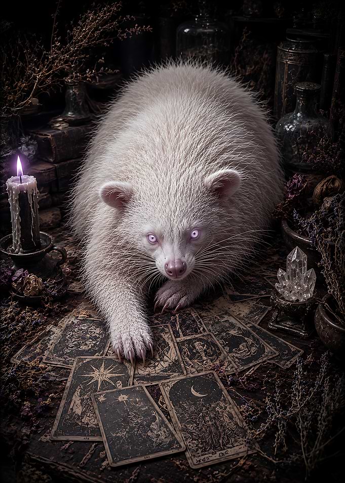 Albino Mystical Creature Reading Tarot Cards in Dark Alchemist Study