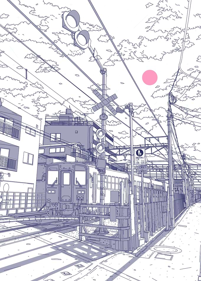 Anime Style Train Crossing Scene