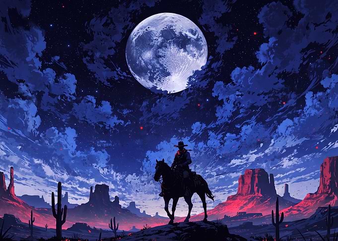 Lone Cowboy Under Moonlight Desert Sky