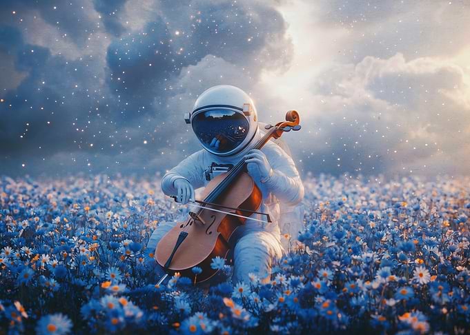 Astronaut Playing Cello in Flower Field