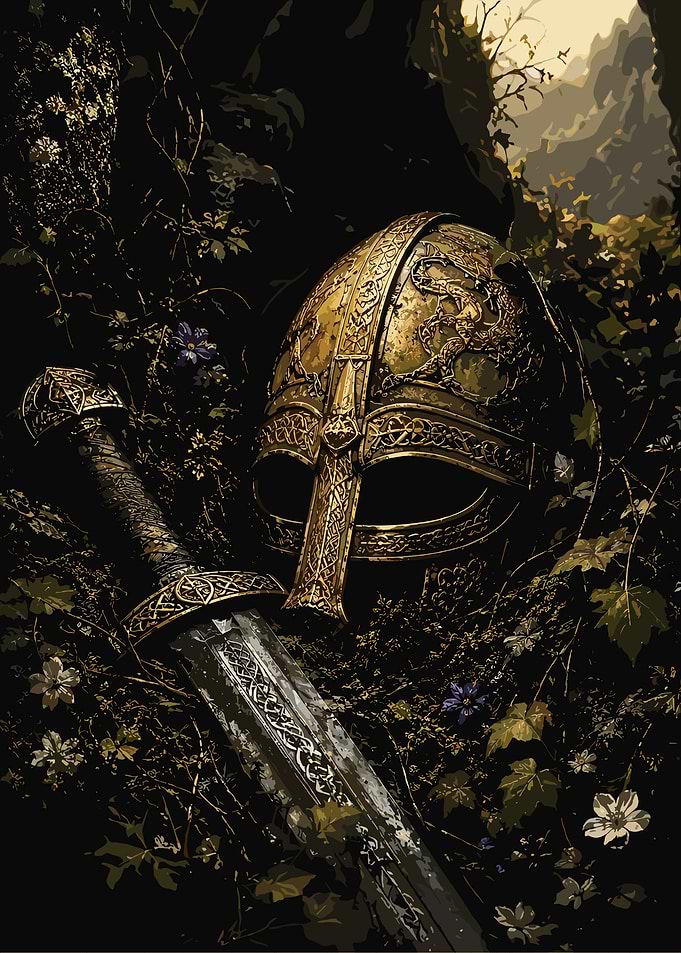 Viking Helmet and Sword in Nature